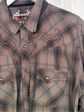 Rock 47 Wrangler Western Plaid Ombre Embroidered Pearl Snap Shirt Men's XL